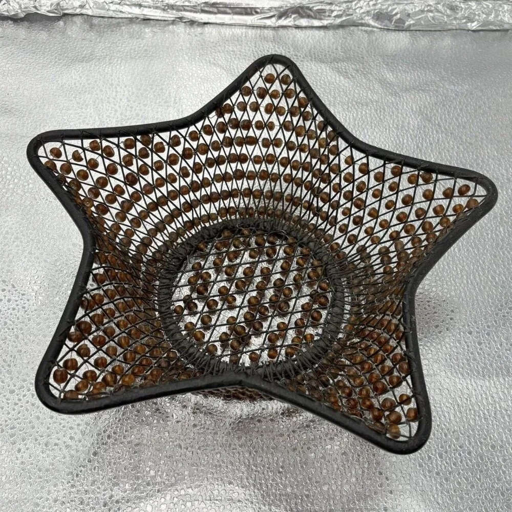 Black Metal Star Wire Basket Brown Beaded Bowl‎ Boho Farmhouse Decor Centerpiece